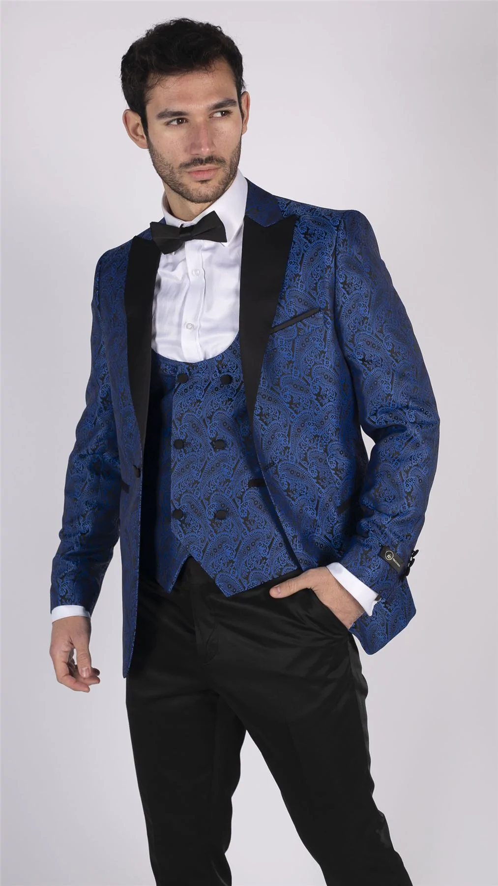 Mens Paisley Tuxedo Blazer And Waistcoat Brocade Dinner Jacket Satin Black Blue - No Trousers