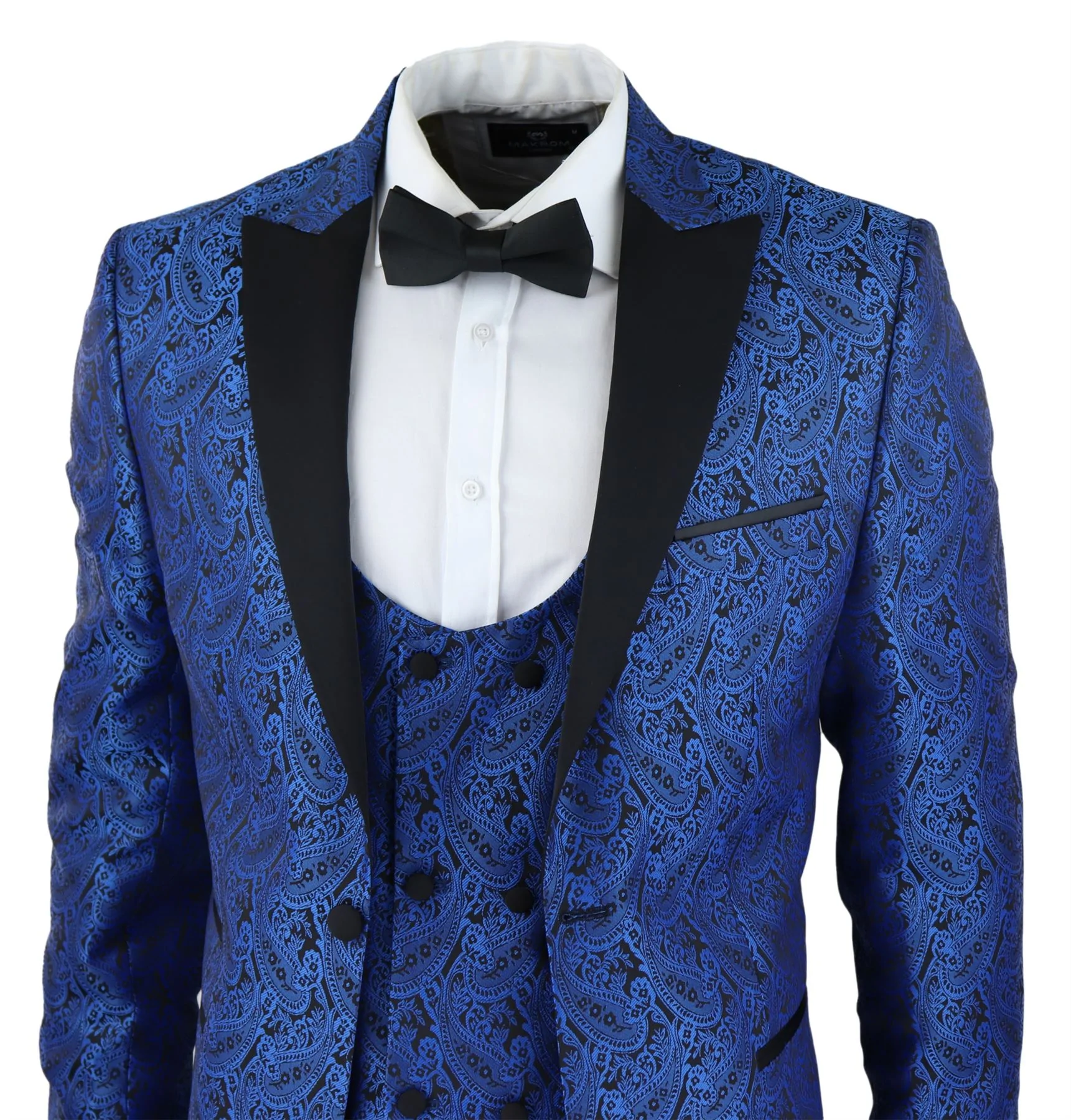 Mens Paisley Tuxedo Blazer And Waistcoat Brocade Dinner Jacket Satin Black Blue - No Trousers