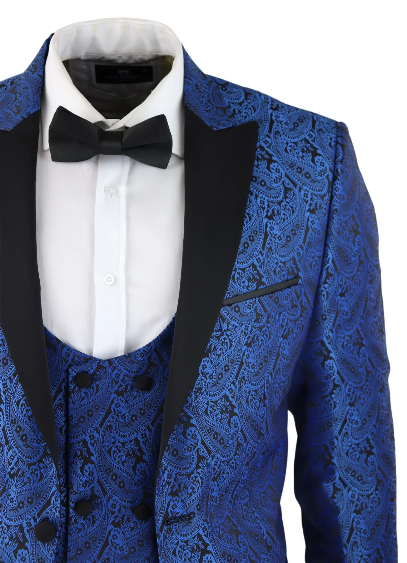 Mens Paisley Tuxedo Blazer And Waistcoat Brocade Dinner Jacket Satin Black Blue - No Trousers