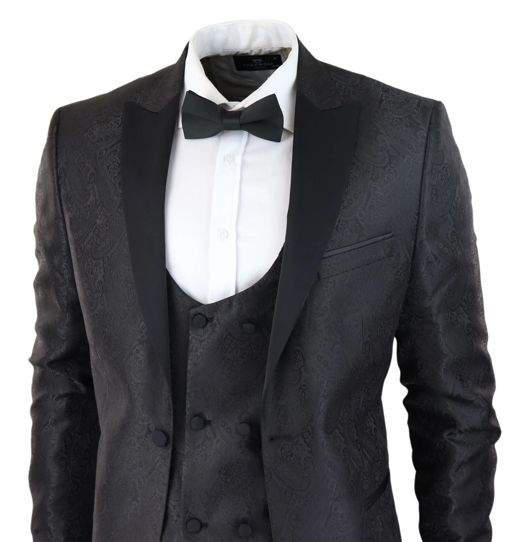 Mens Paisley Tuxedo Blazer And Waistcoat Brocade Dinner Jacket Satin Black Fit - No Trousers