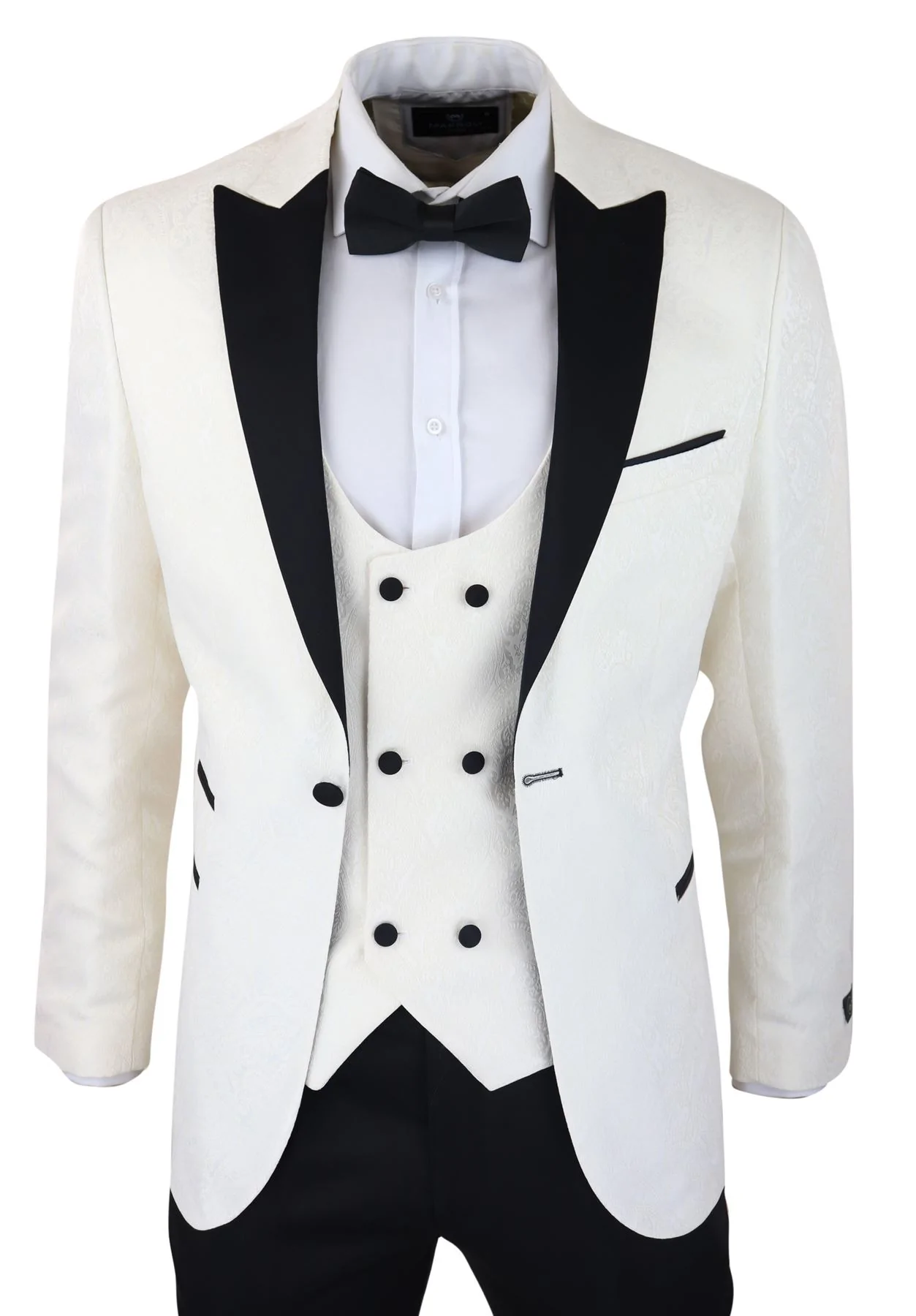 Mens Paisley Tuxedo Blazer And Waistcoat Brocade Dinner Jacket Satin Ivory Black