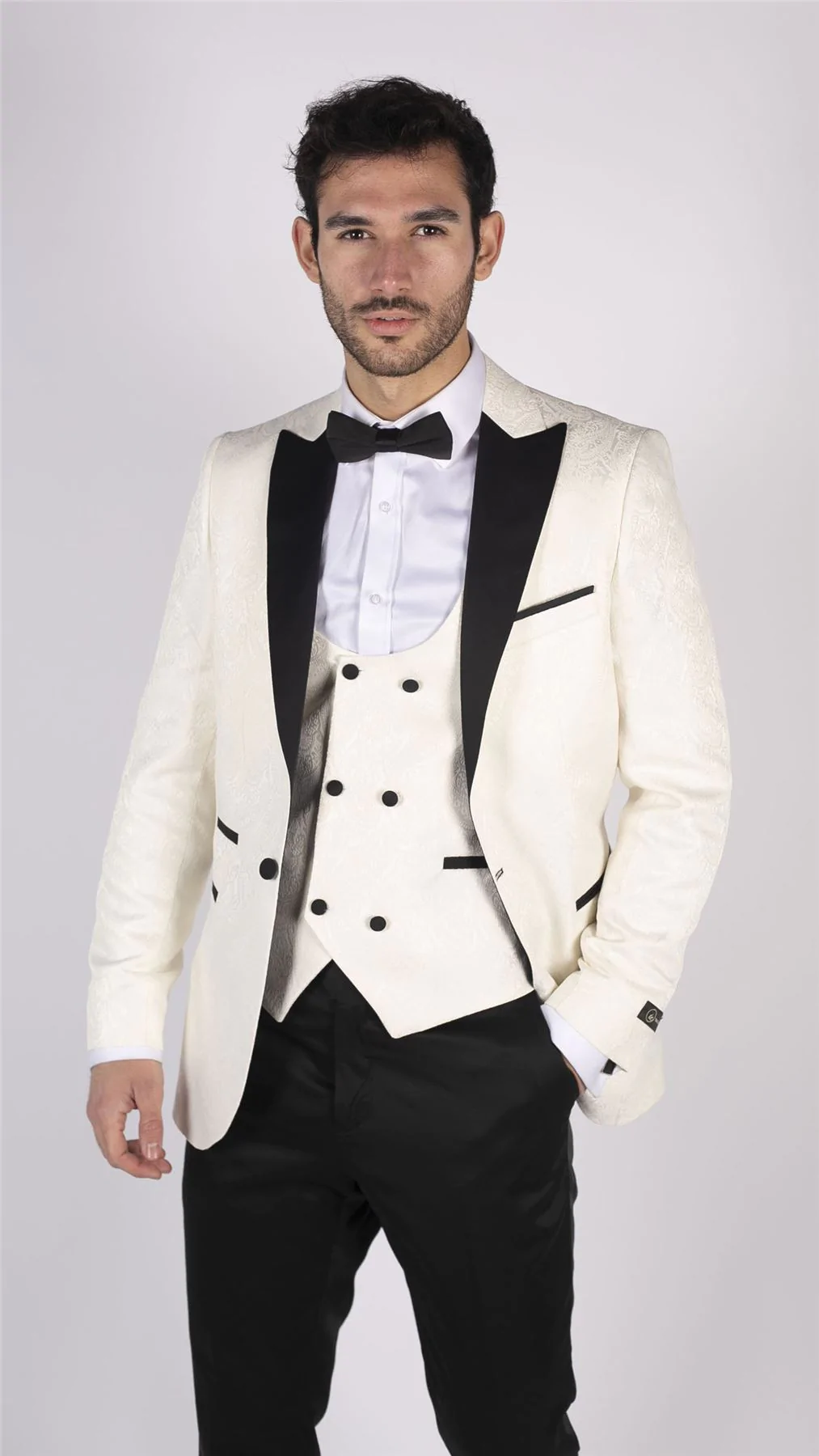 Mens Paisley Tuxedo Blazer And Waistcoat Brocade Dinner Jacket Satin Ivory Black