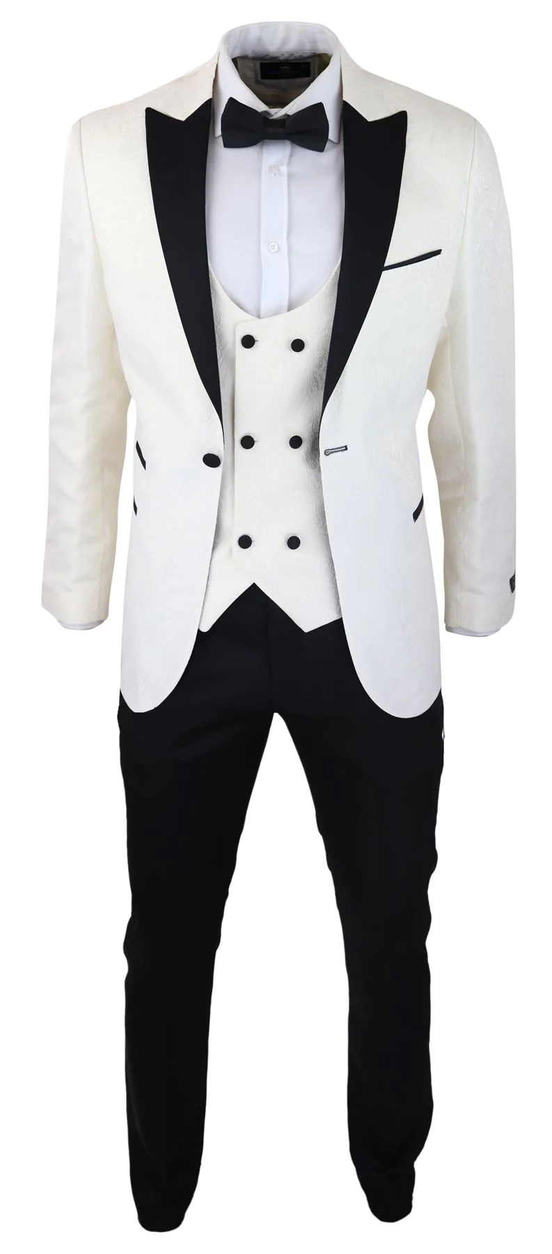 Mens Paisley Tuxedo Blazer And Waistcoat Brocade Dinner Jacket Satin Ivory Black