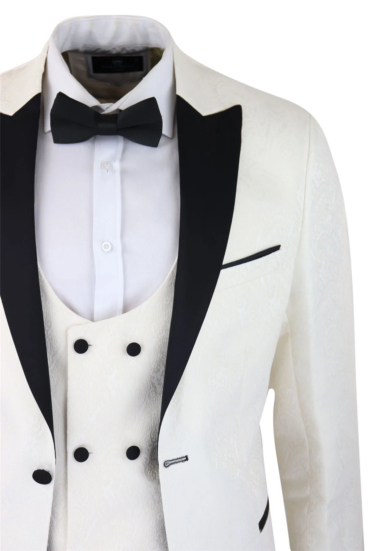 Mens Paisley Tuxedo Blazer And Waistcoat Brocade Dinner Jacket Satin Ivory Black