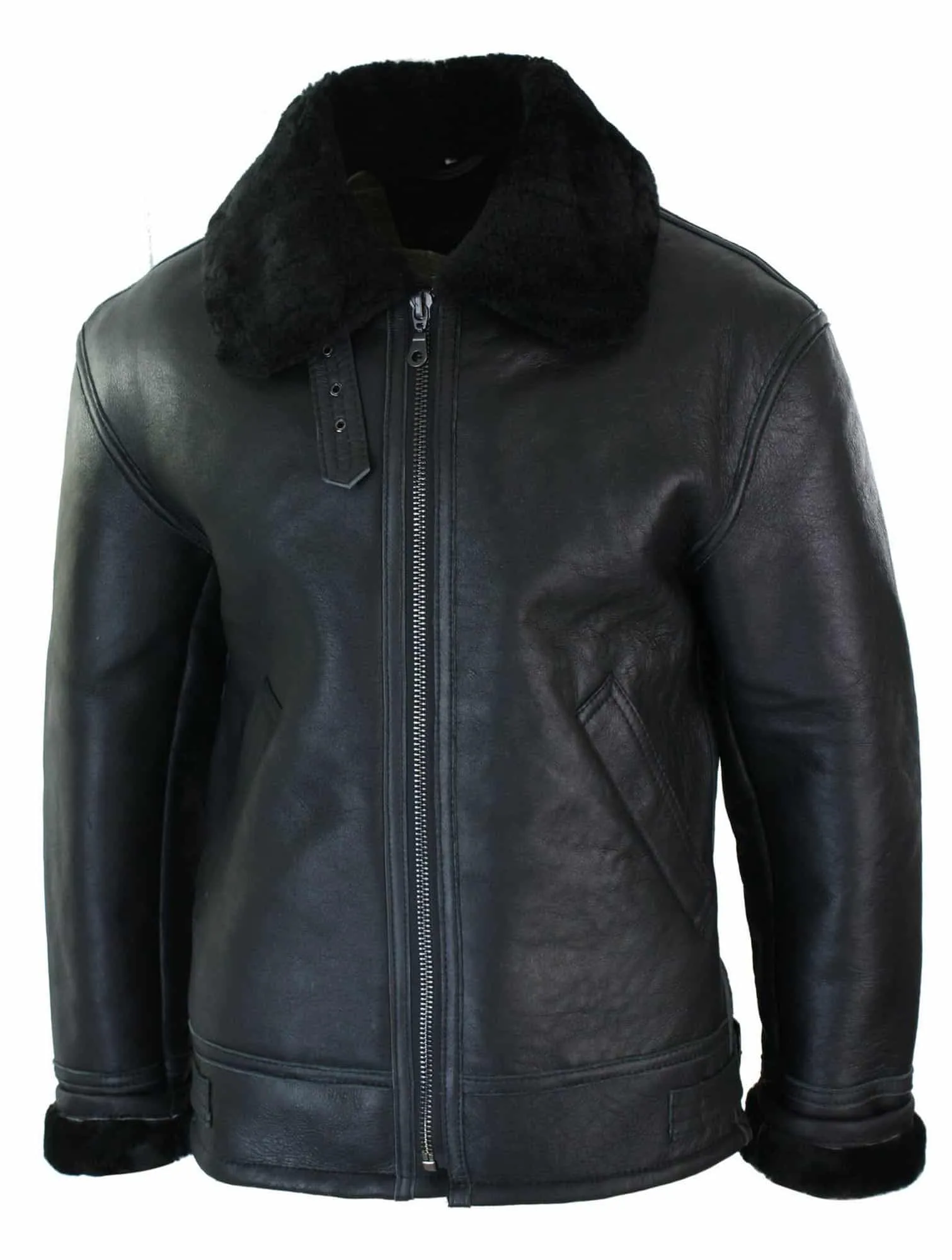 Mens Real Leather Sherling Sheepskin Original B3 Flying Pilot Jacket Warm Winter-B3 Black Black