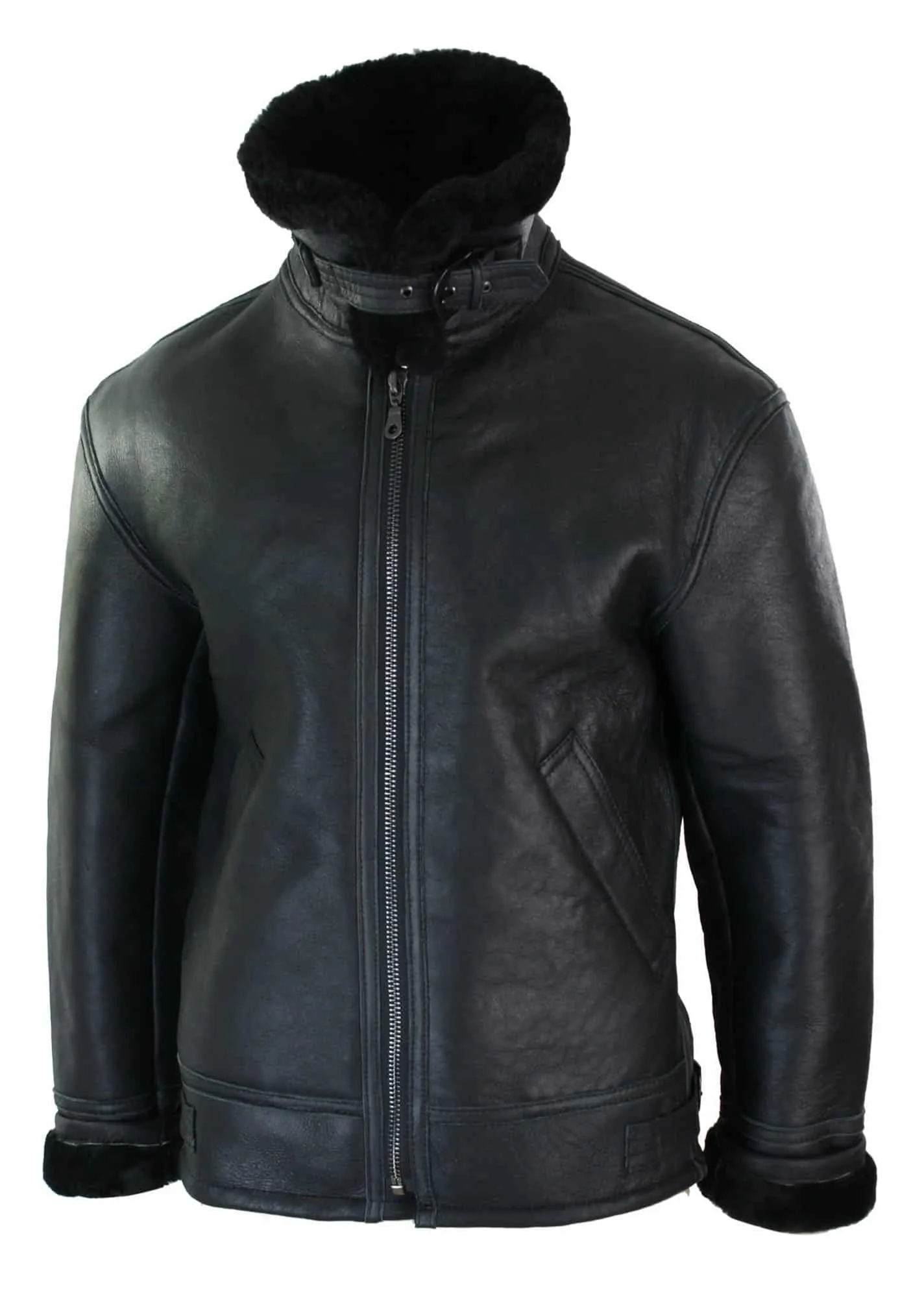 Mens Real Leather Sherling Sheepskin Original B3 Flying Pilot Jacket Warm Winter-B3 Black Black