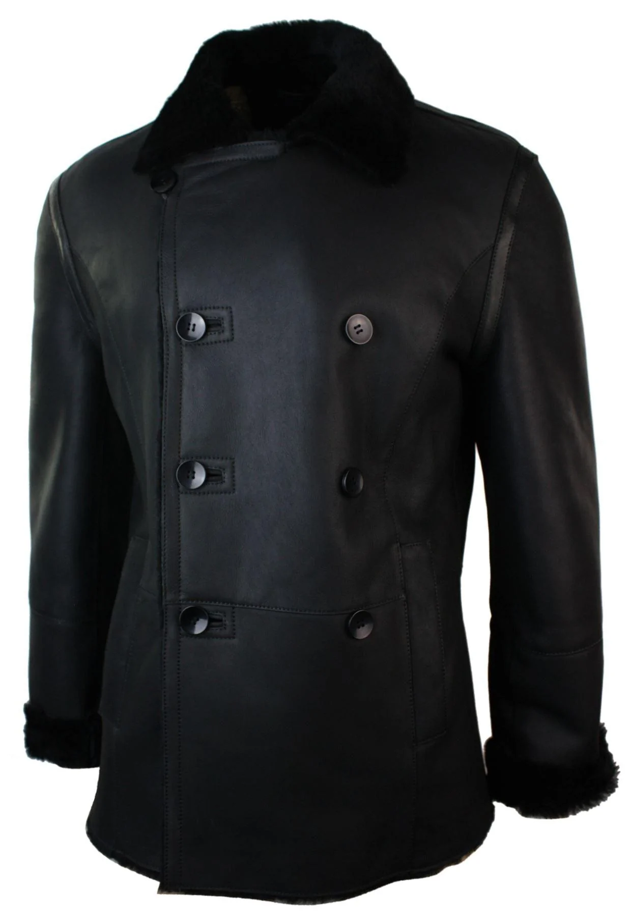 Mens Real Shearling German Navy Sheepskin Double Breasted Jacket Black Fitted