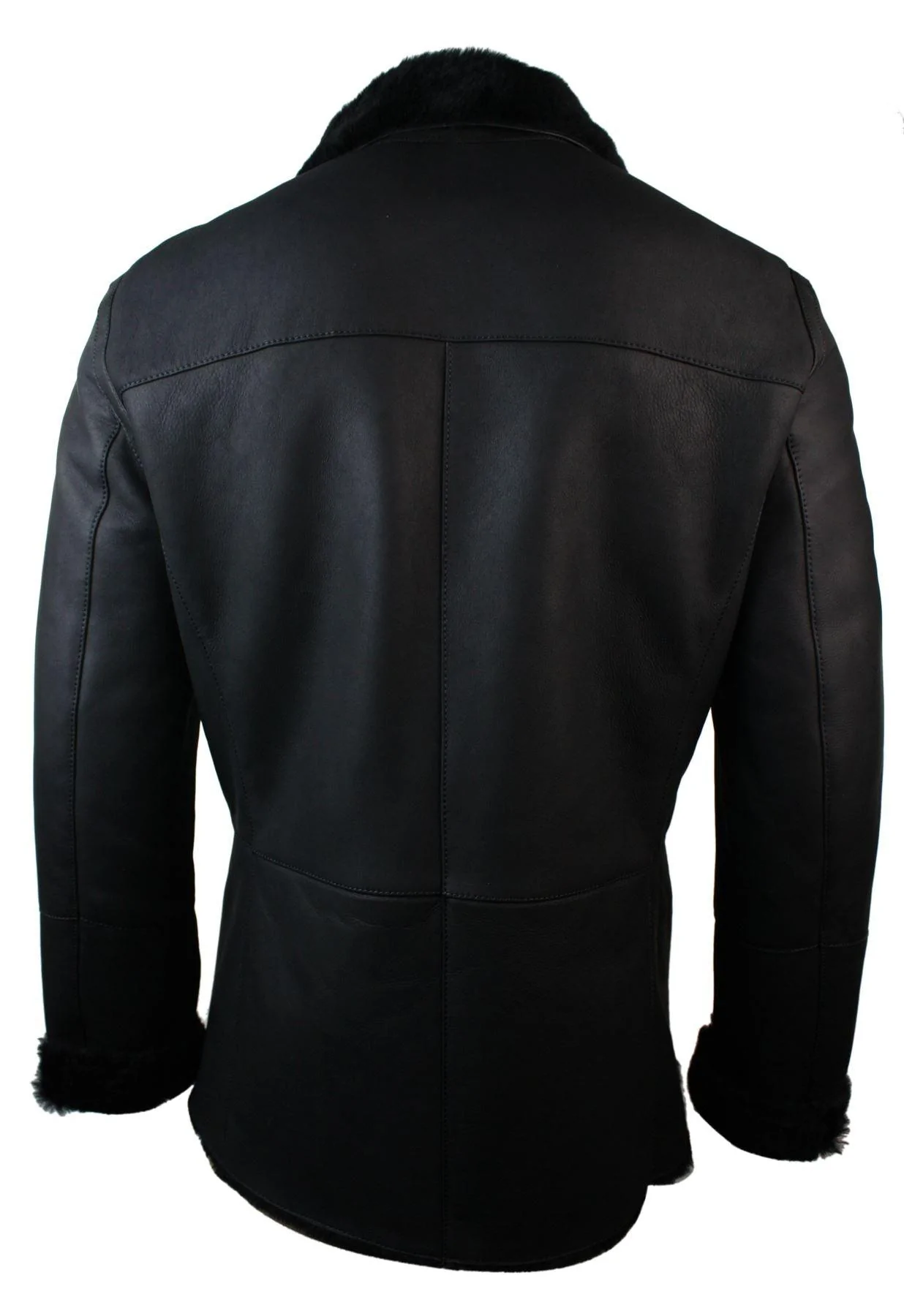 Mens Real Shearling German Navy Sheepskin Double Breasted Jacket Black Fitted