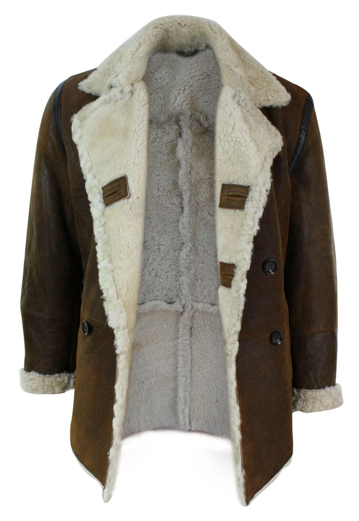 Mens Real Shearling German Navy Sheepskin Double Breasted Jacket Vintage Brown