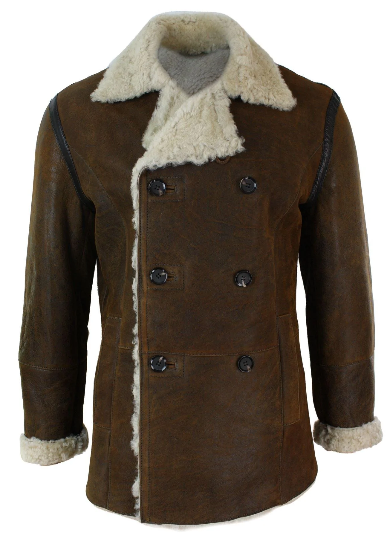 Mens Real Shearling German Navy Sheepskin Double Breasted Jacket Vintage Brown