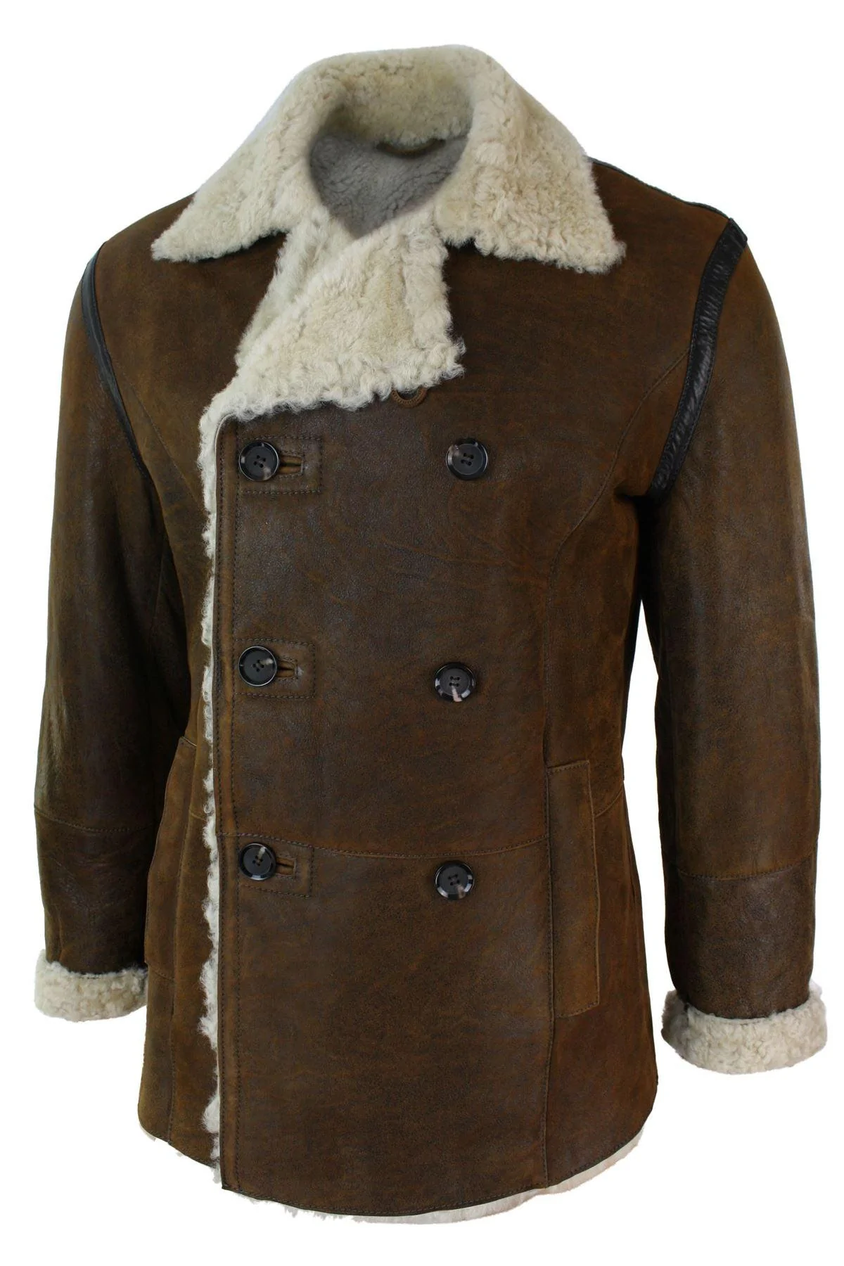 Mens Real Shearling German Navy Sheepskin Double Breasted Jacket Vintage Brown