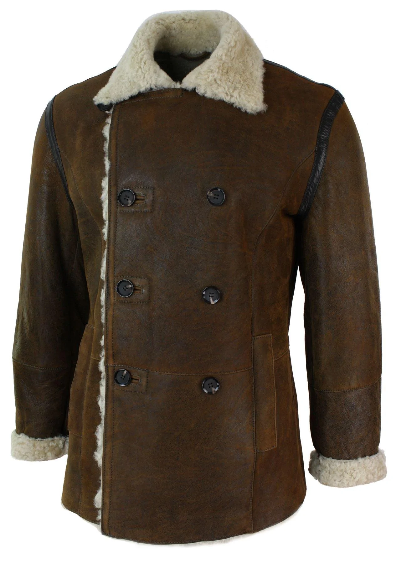 Mens Real Shearling German Navy Sheepskin Double Breasted Jacket Vintage Brown