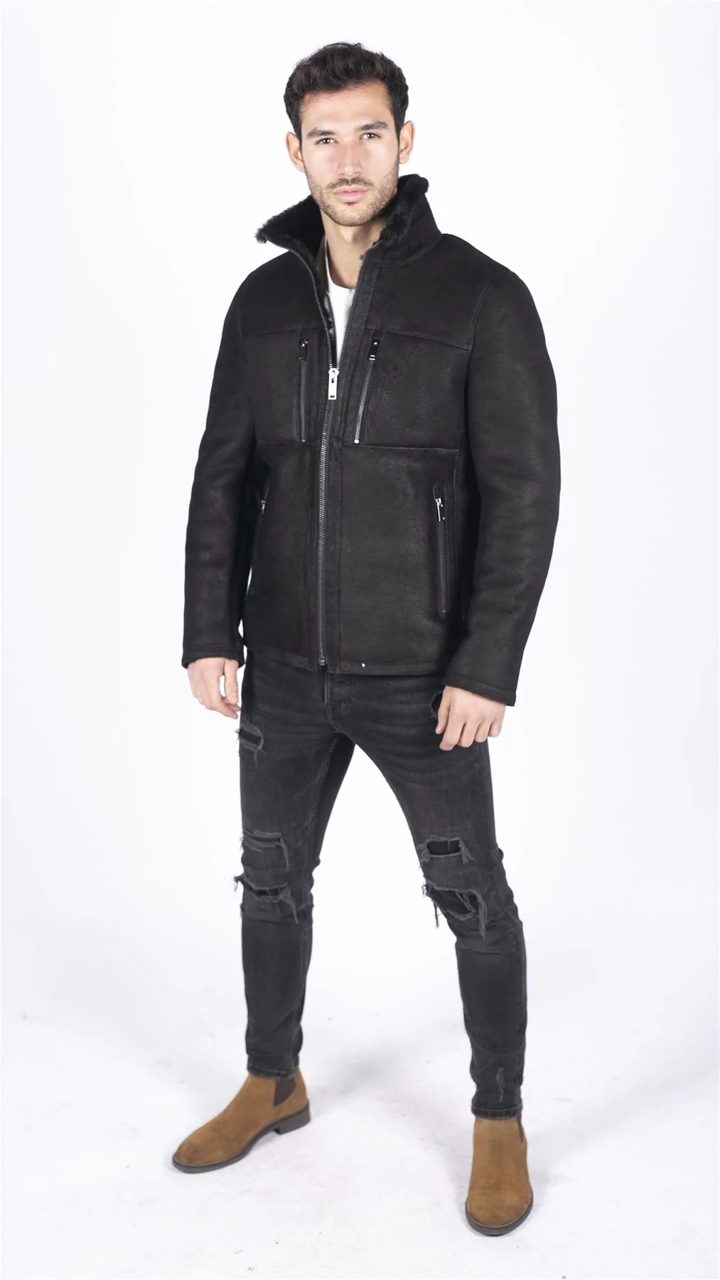 Mens Real Sheepskin Jacket Short Zipped Casual Retro Vintage Black Zipped