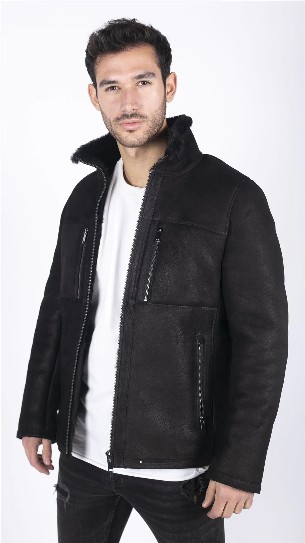 Mens Real Sheepskin Jacket Short Zipped Casual Retro Vintage Black Zipped