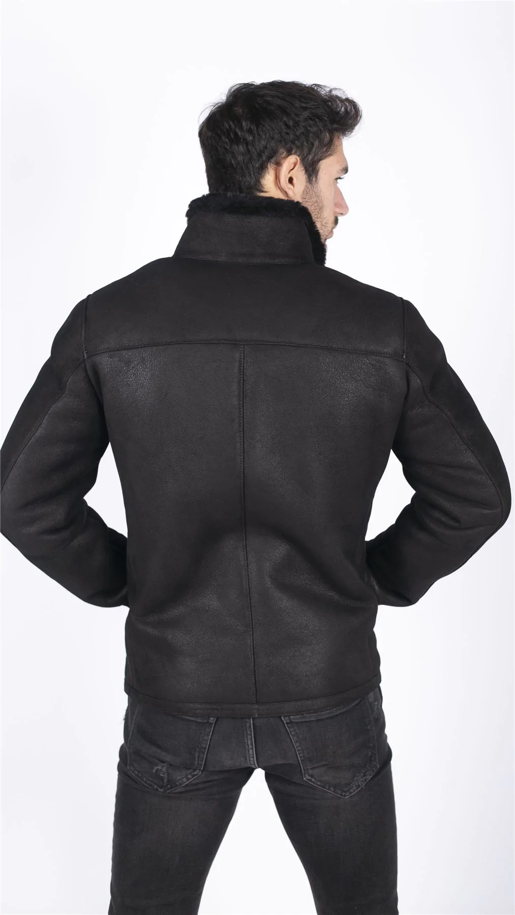 Mens Real Sheepskin Jacket Short Zipped Casual Retro Vintage Black Zipped