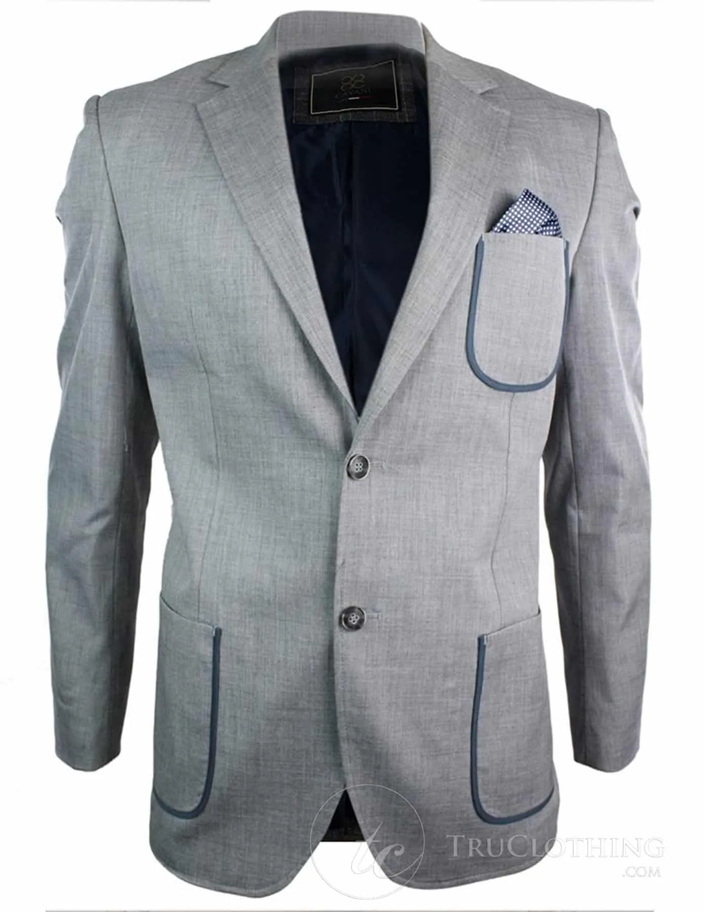 Mens Tailored Blazer Jacket Grey Blue Trim Pocket Design Brown Elbow Patch