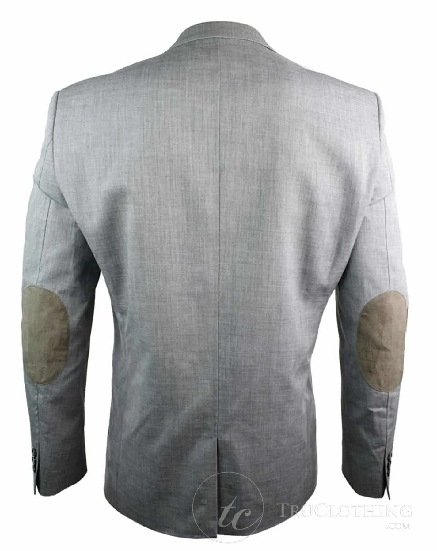 Mens Tailored Blazer Jacket Grey Blue Trim Pocket Design Brown Elbow Patch