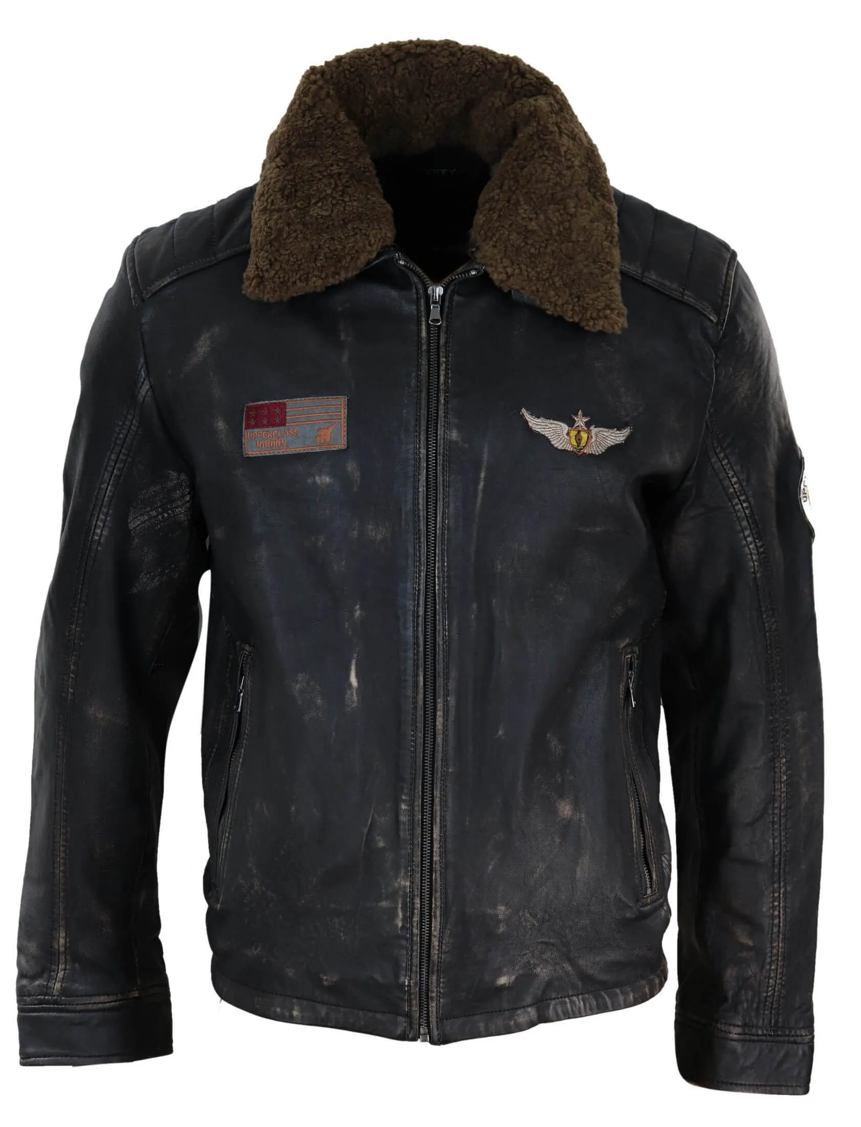 Mens Vintage Leather Jacket with Fur Collar