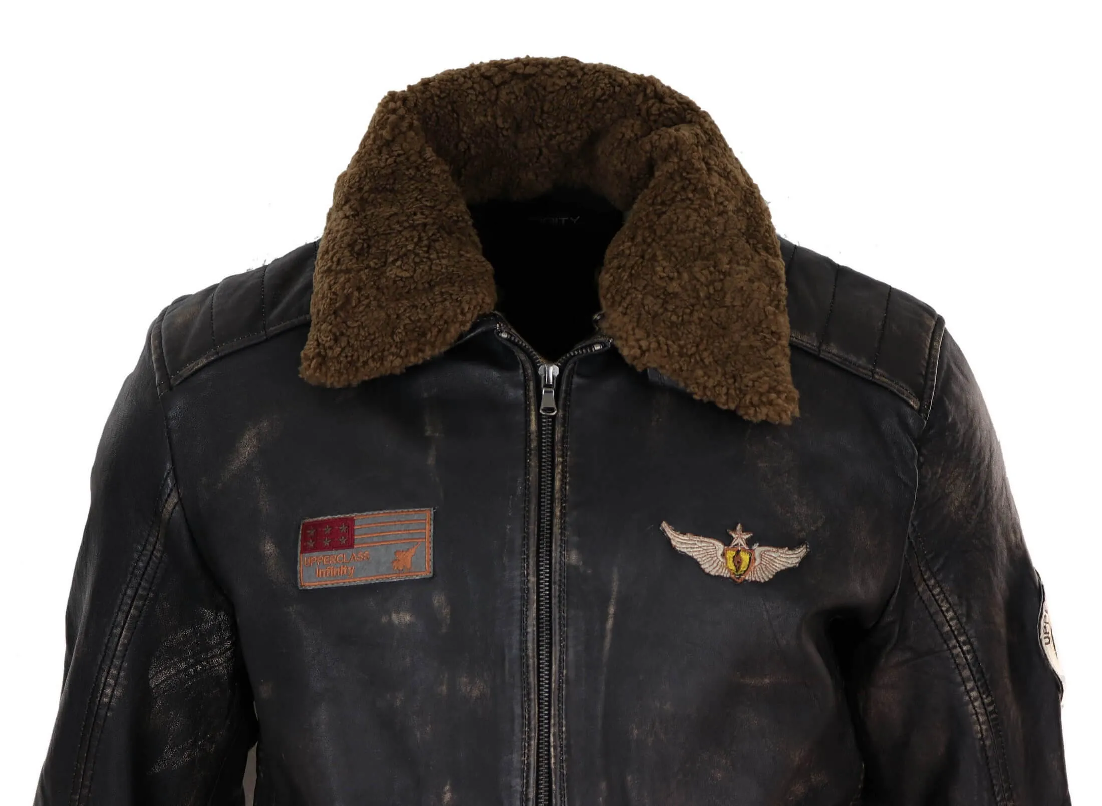 Mens Vintage Leather Jacket with Fur Collar