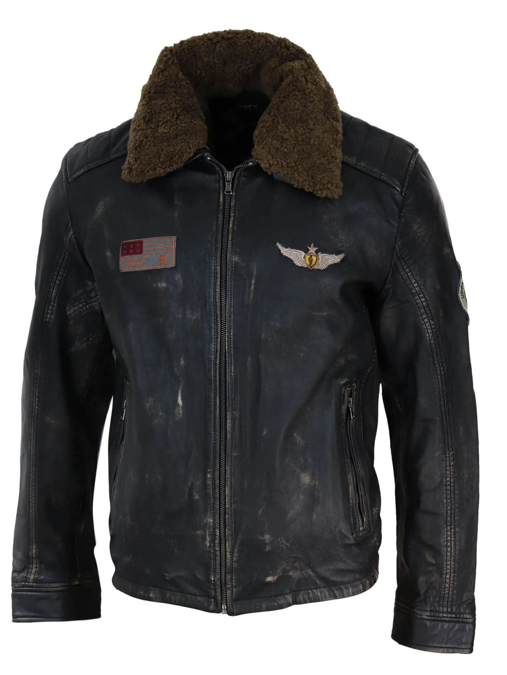 Mens Vintage Leather Jacket with Fur Collar