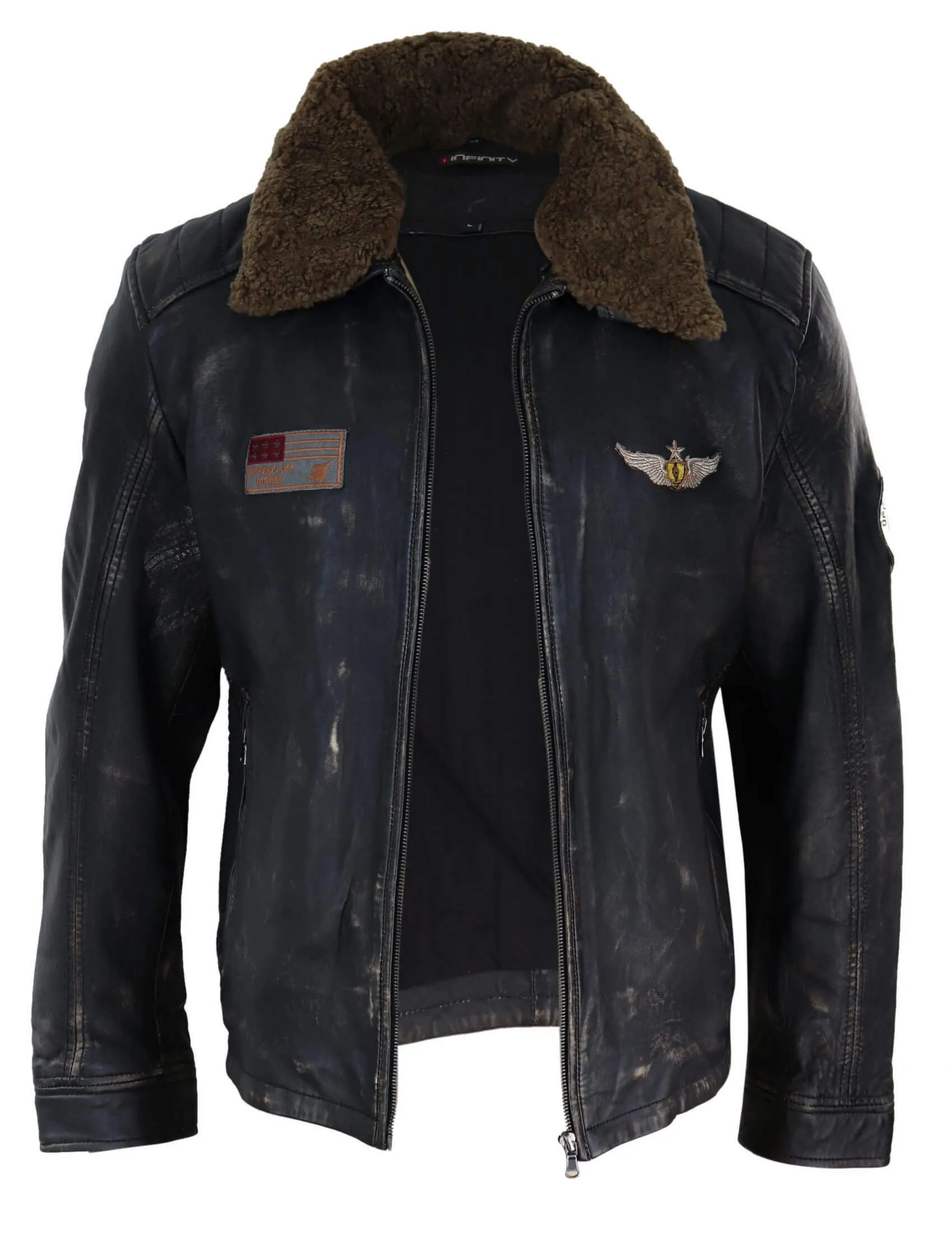 Mens Vintage Leather Jacket with Fur Collar