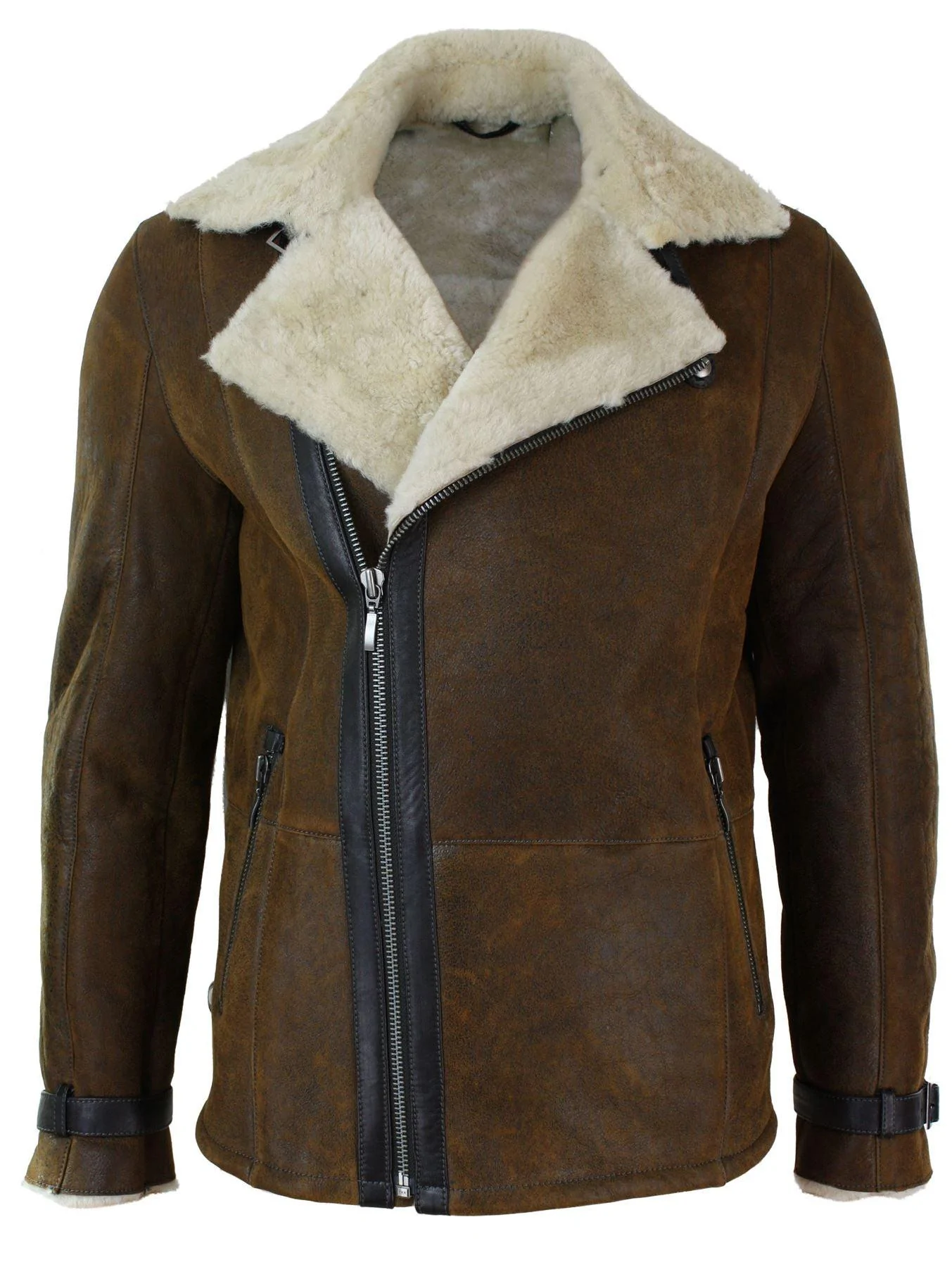 Mens Winter Real Sherling Vintage Sheepskin Tan Brown Fitted Jacket Cross Zip