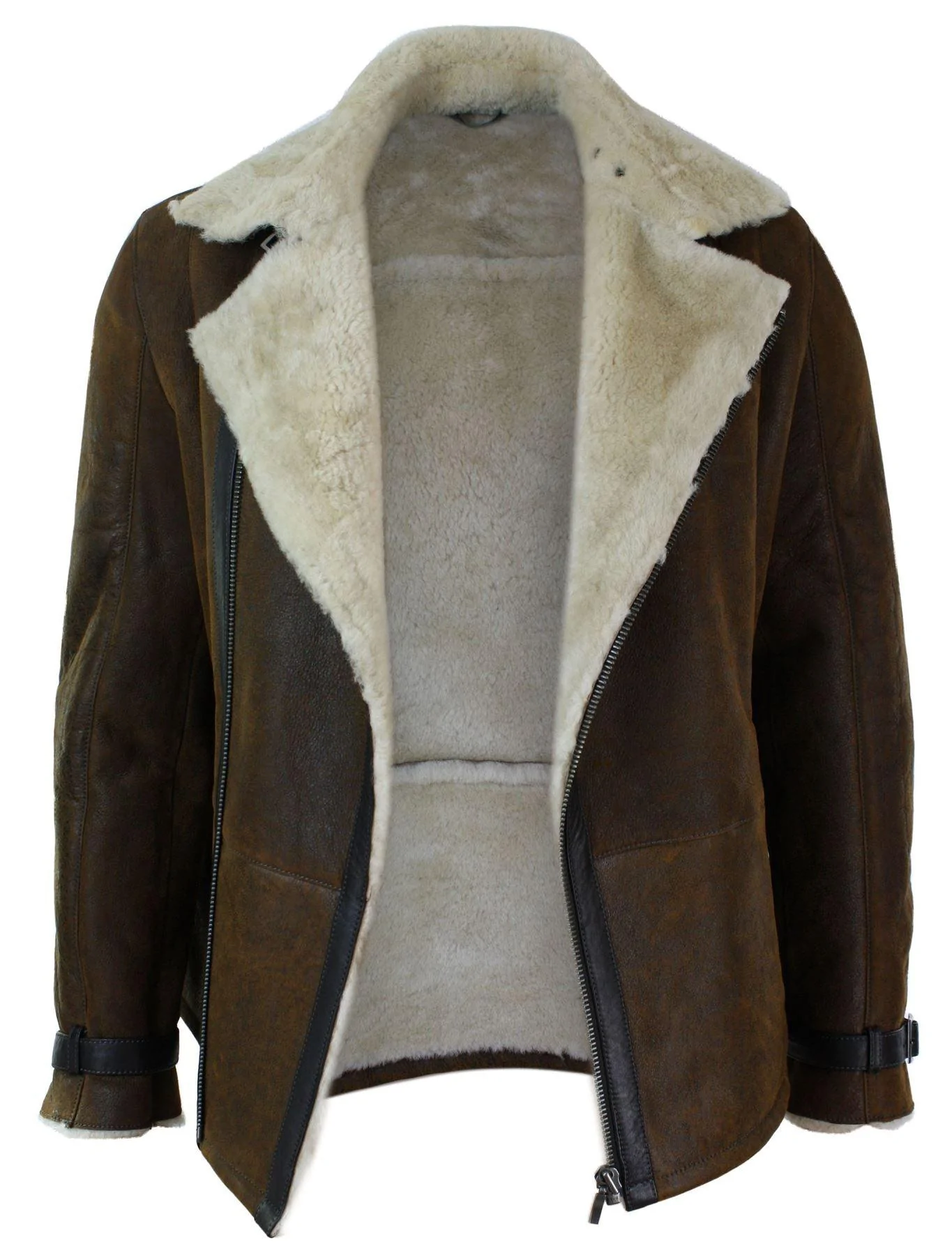 Mens Winter Real Sherling Vintage Sheepskin Tan Brown Fitted Jacket Cross Zip