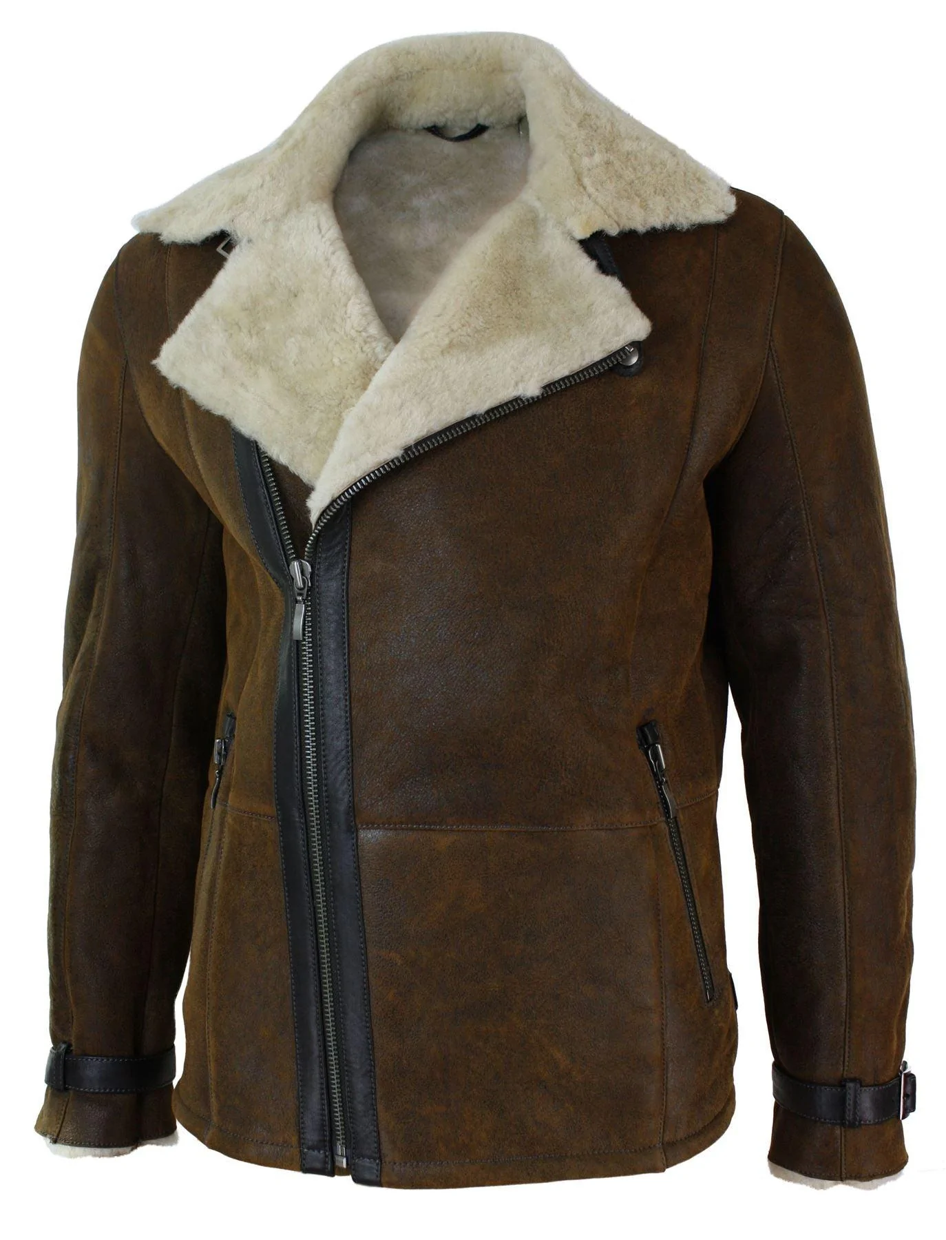 Mens Winter Real Sherling Vintage Sheepskin Tan Brown Fitted Jacket Cross Zip