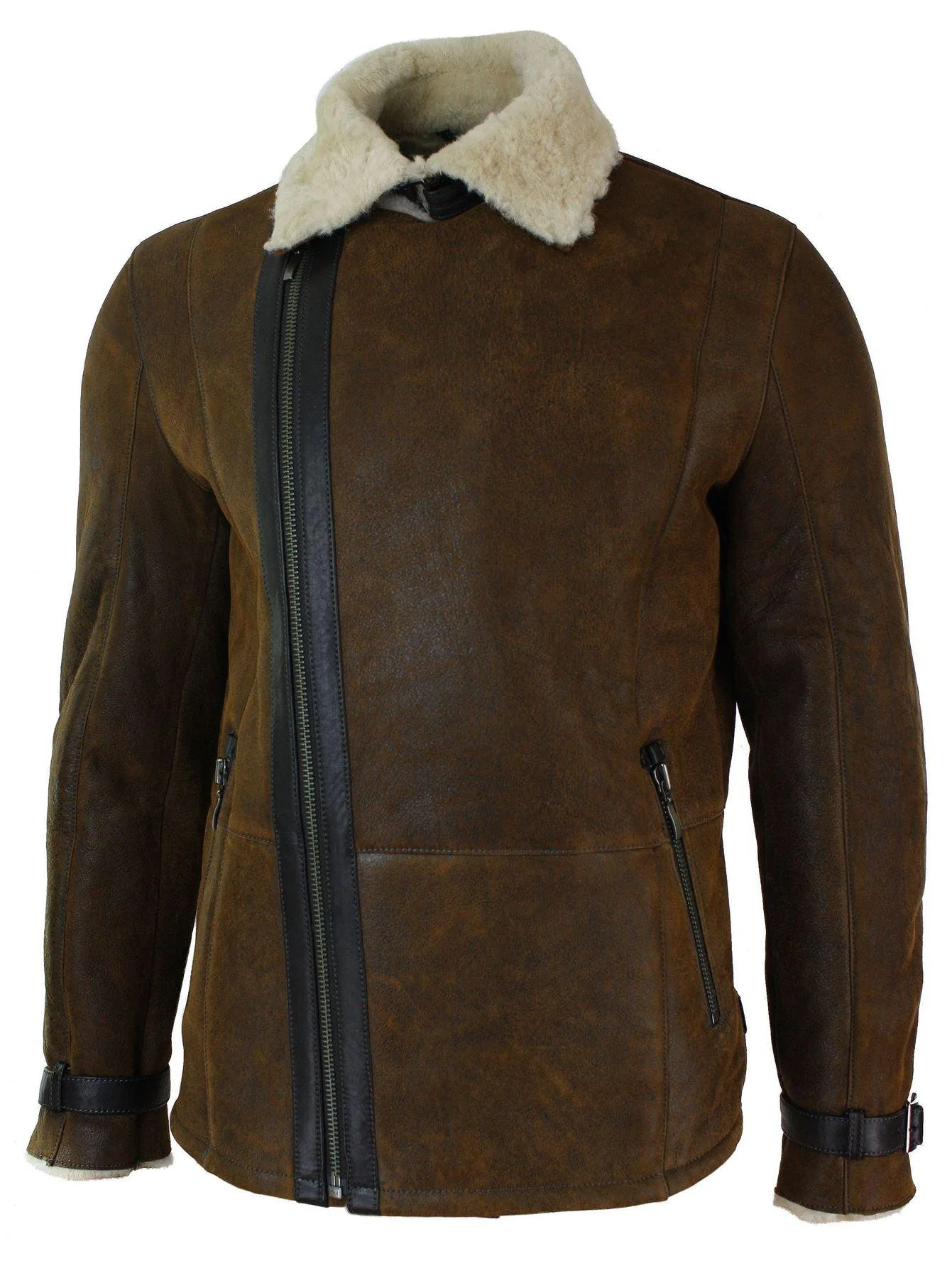 Mens Winter Real Sherling Vintage Sheepskin Tan Brown Fitted Jacket Cross Zip