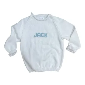 Name Sweater, White with Light Blue