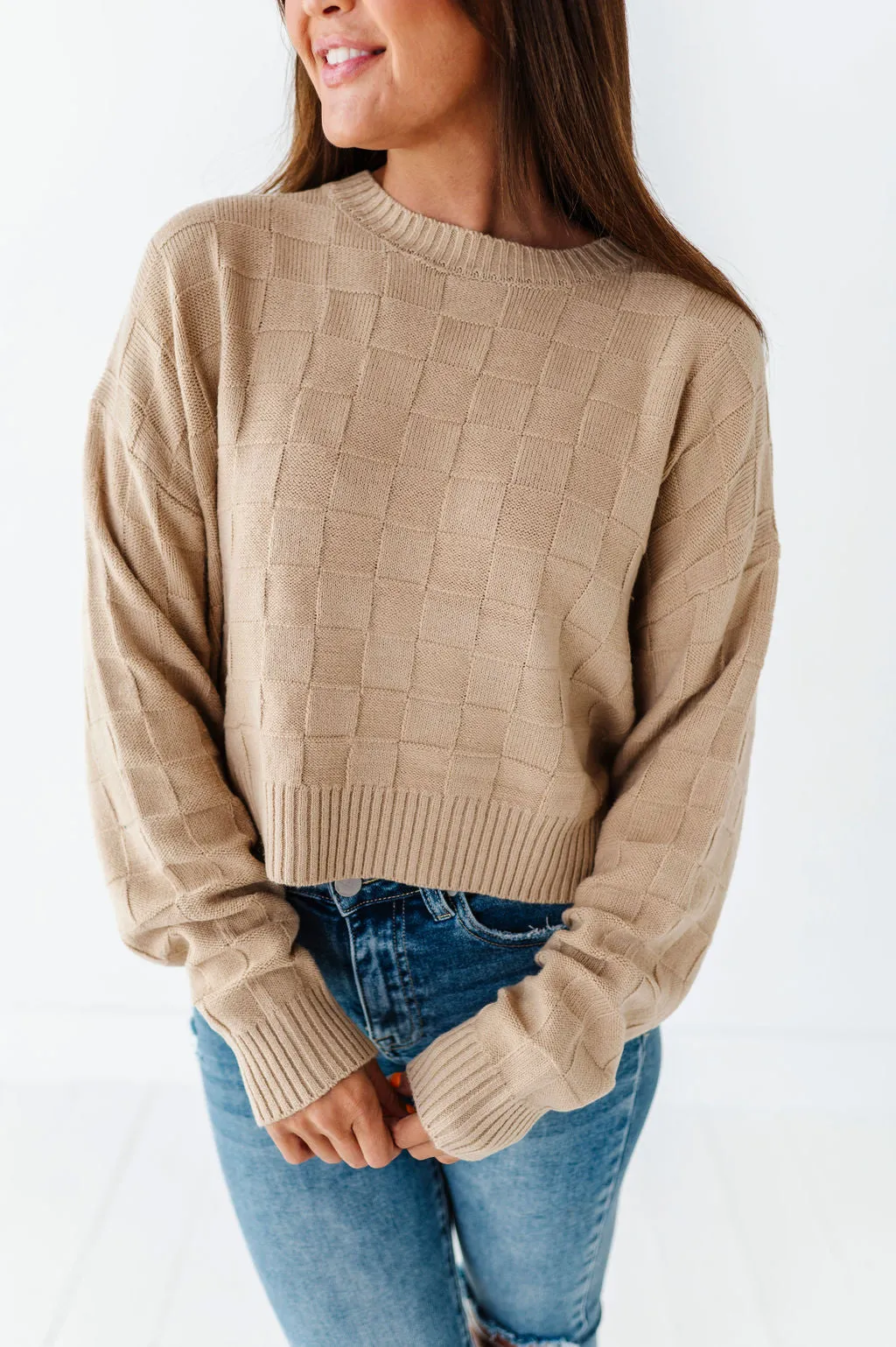 Natalee Checkered Sweater in Taupe