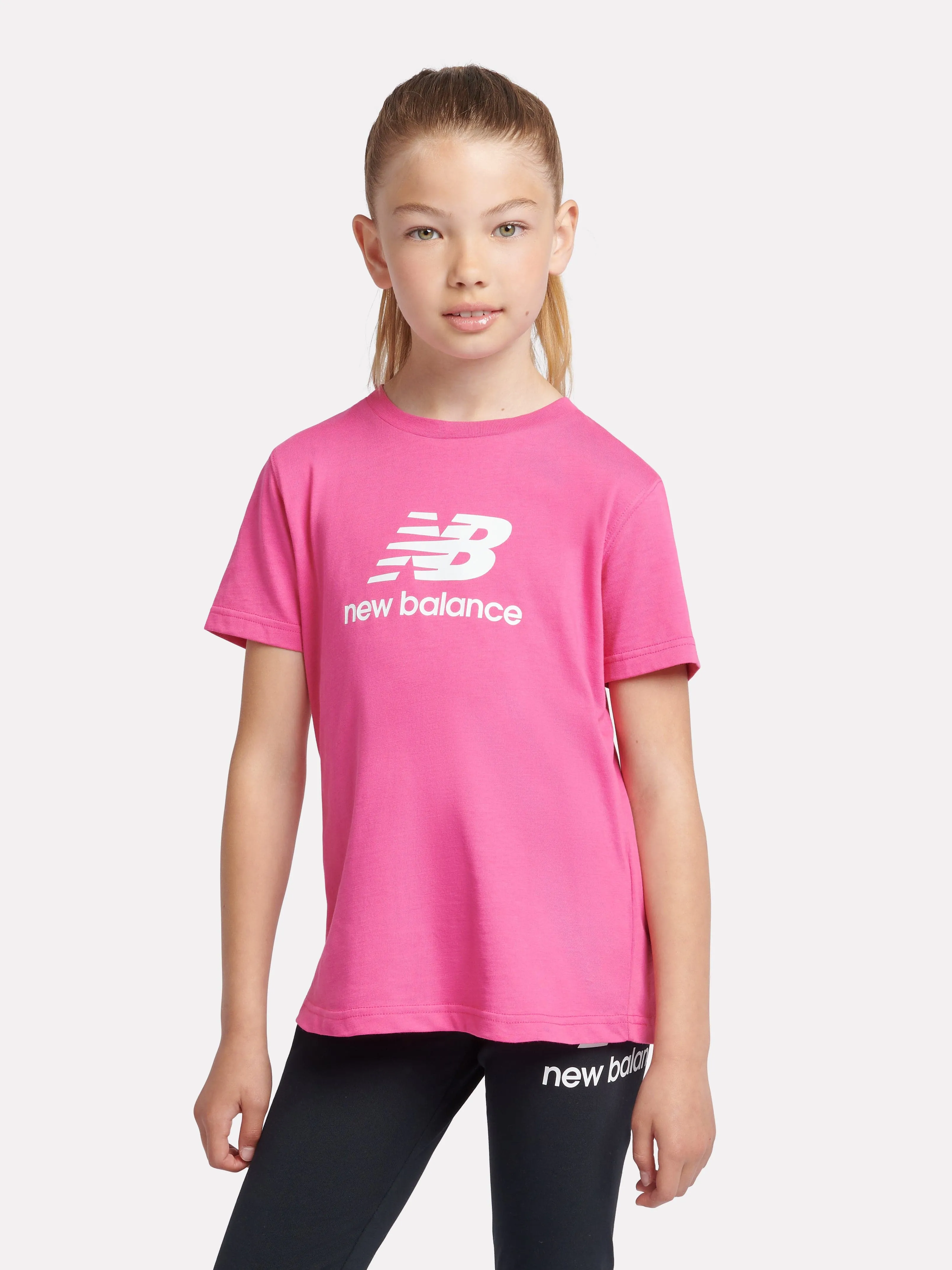 New Balance Girls Jersey Stacked Logo T-Shirt in Pink