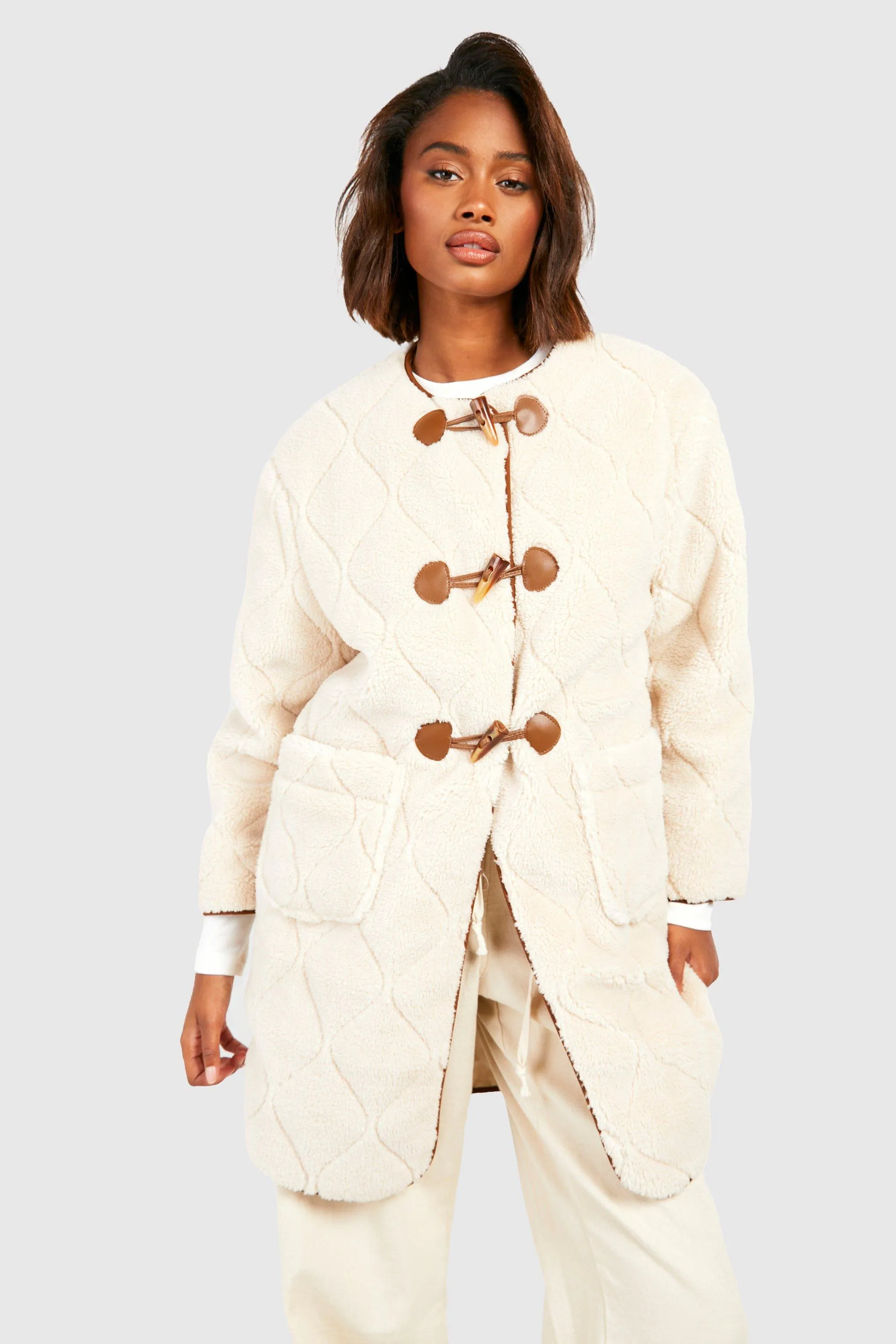 Onion Quilt Faux Fur Teddy Longline Jacket