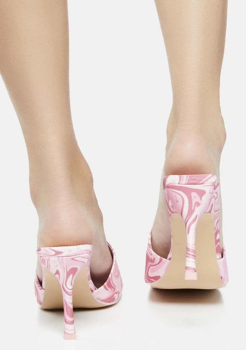 Pink Swirl Print Squared Toe Heeled Mules-