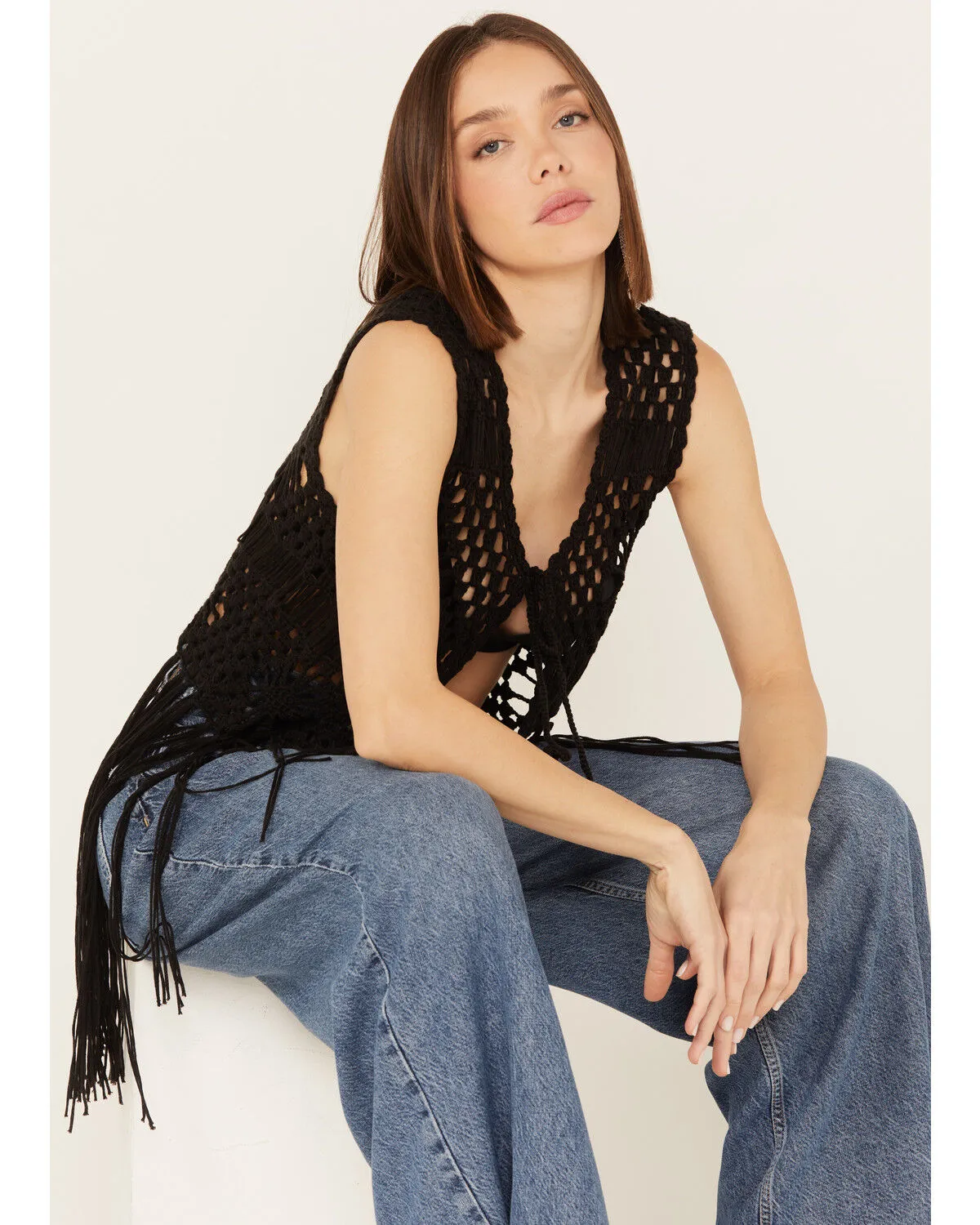 Product Name:  Rock & Roll Denim Women's Crochet Fringe Sleeveless Vest