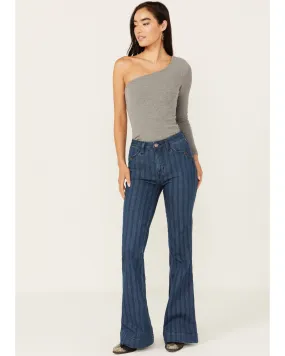 Product Name:  Rock & Roll Women's Medium Wash High Rise Jacquard Pinstripe Trouser Jeans