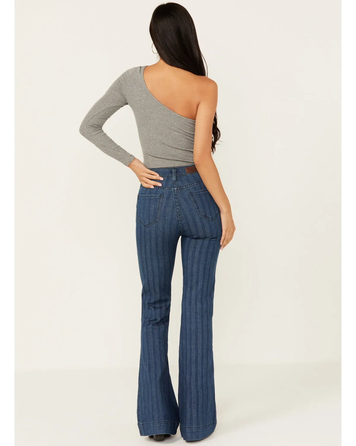 Product Name:  Rock & Roll Women's Medium Wash High Rise Jacquard Pinstripe Trouser Jeans