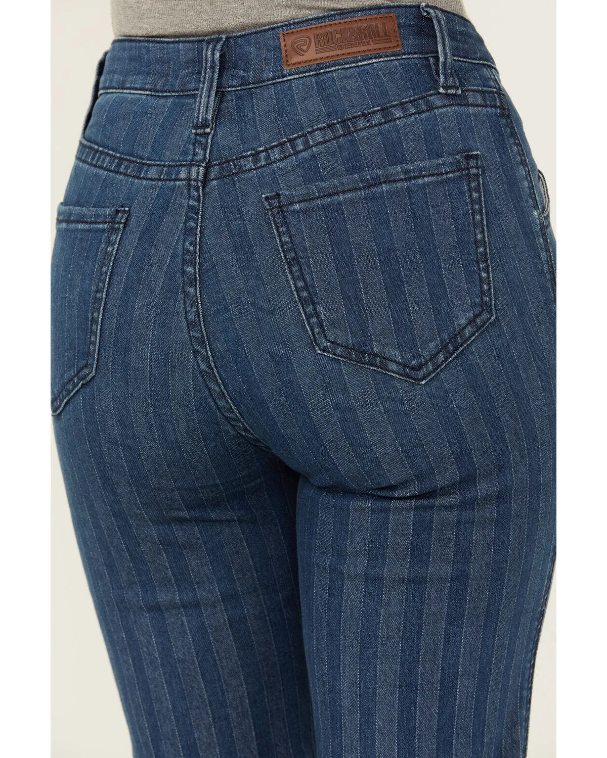 Product Name:  Rock & Roll Women's Medium Wash High Rise Jacquard Pinstripe Trouser Jeans