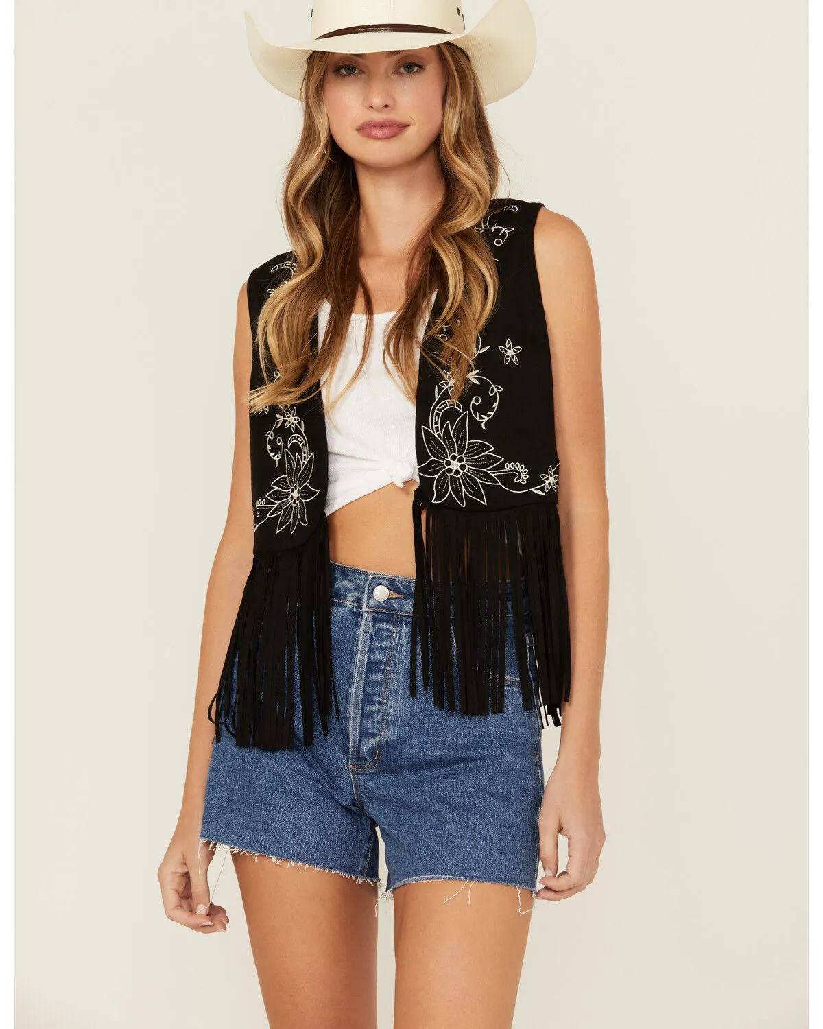 Product Name:  Vocal Women's Floral Embroidered Faux Suede Fringe Vest