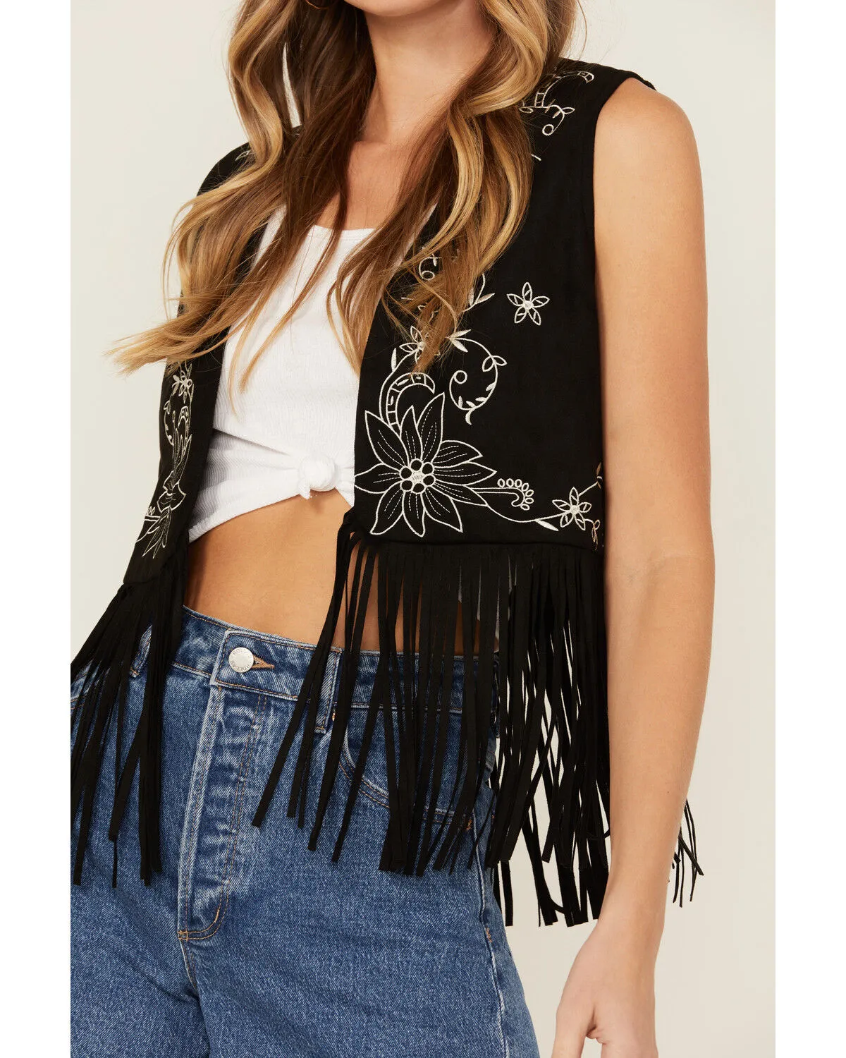 Product Name:  Vocal Women's Floral Embroidered Faux Suede Fringe Vest