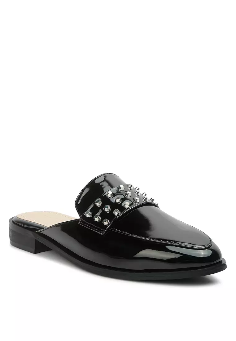 Rag & CO. Black Patent Studded Flat Mules