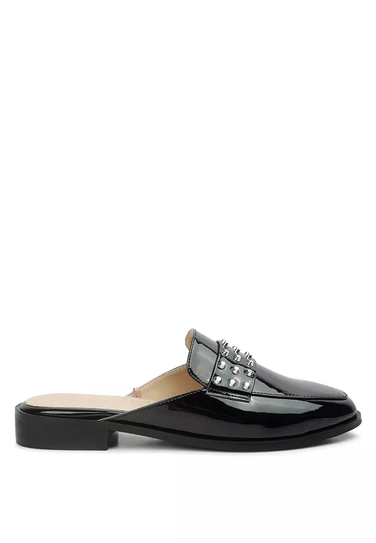 Rag & CO. Black Patent Studded Flat Mules