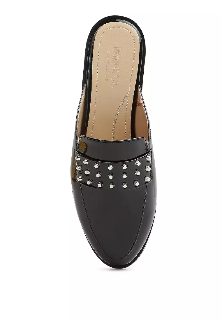 Rag & CO. Black Patent Studded Flat Mules