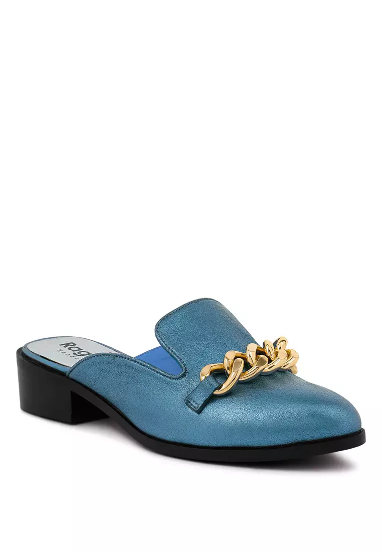 Rag & CO. Metal Chain Blue Leather Mules