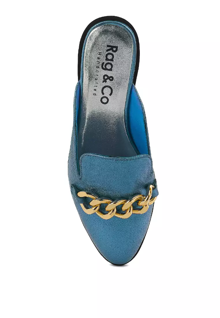 Rag & CO. Metal Chain Blue Leather Mules