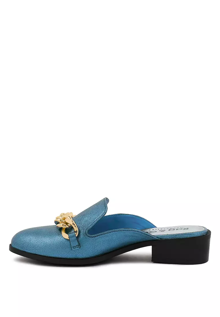 Rag & CO. Metal Chain Blue Leather Mules