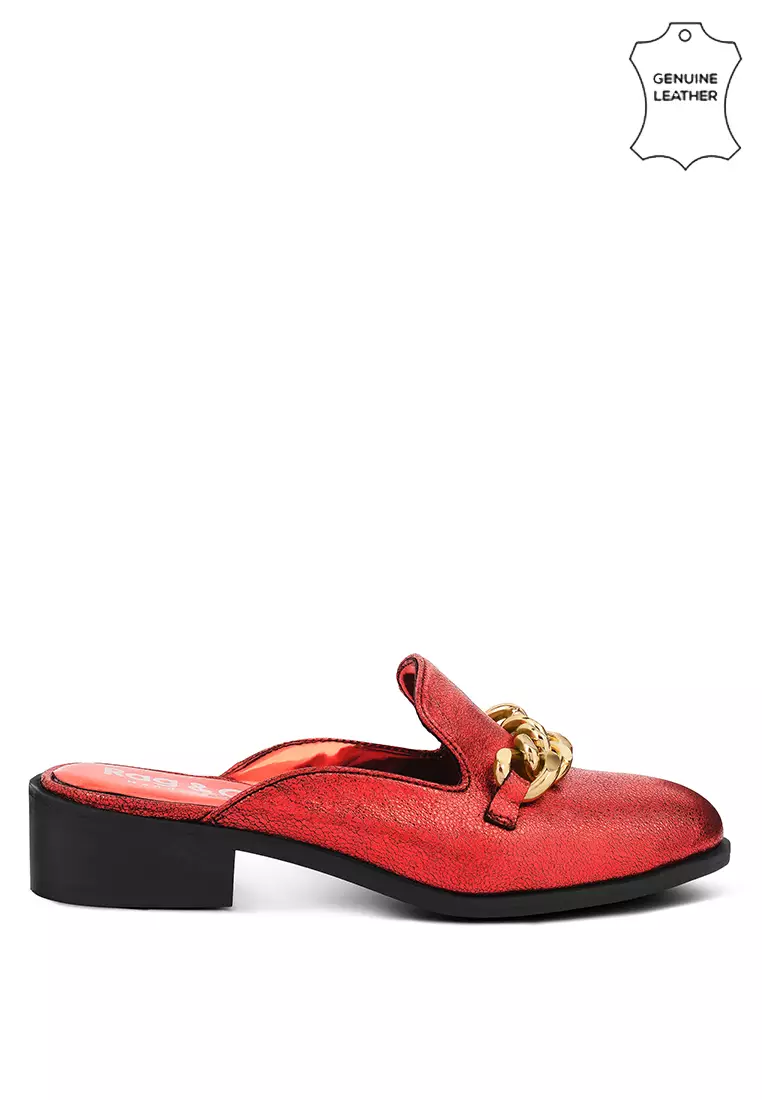 Rag & CO. Metal Chain Red Leather Mules