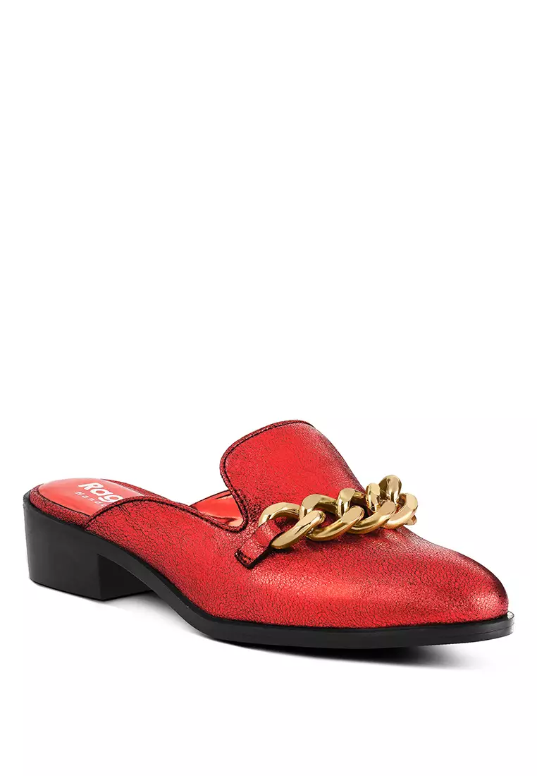 Rag & CO. Metal Chain Red Leather Mules