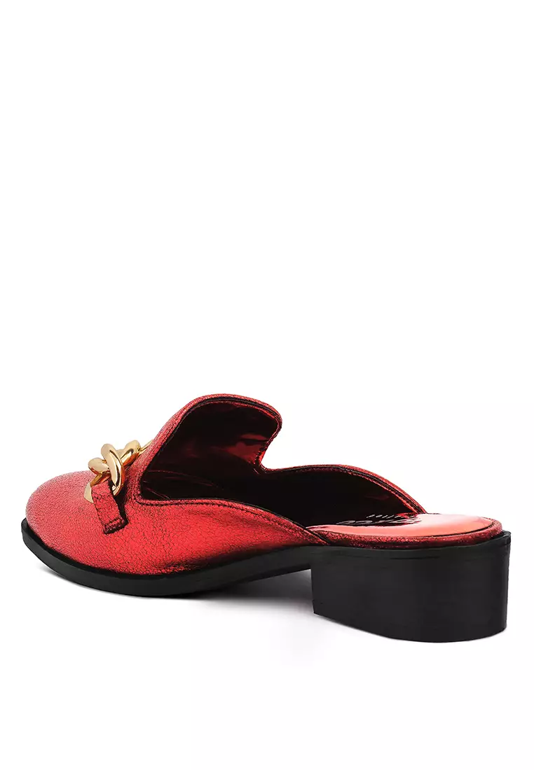 Rag & CO. Metal Chain Red Leather Mules