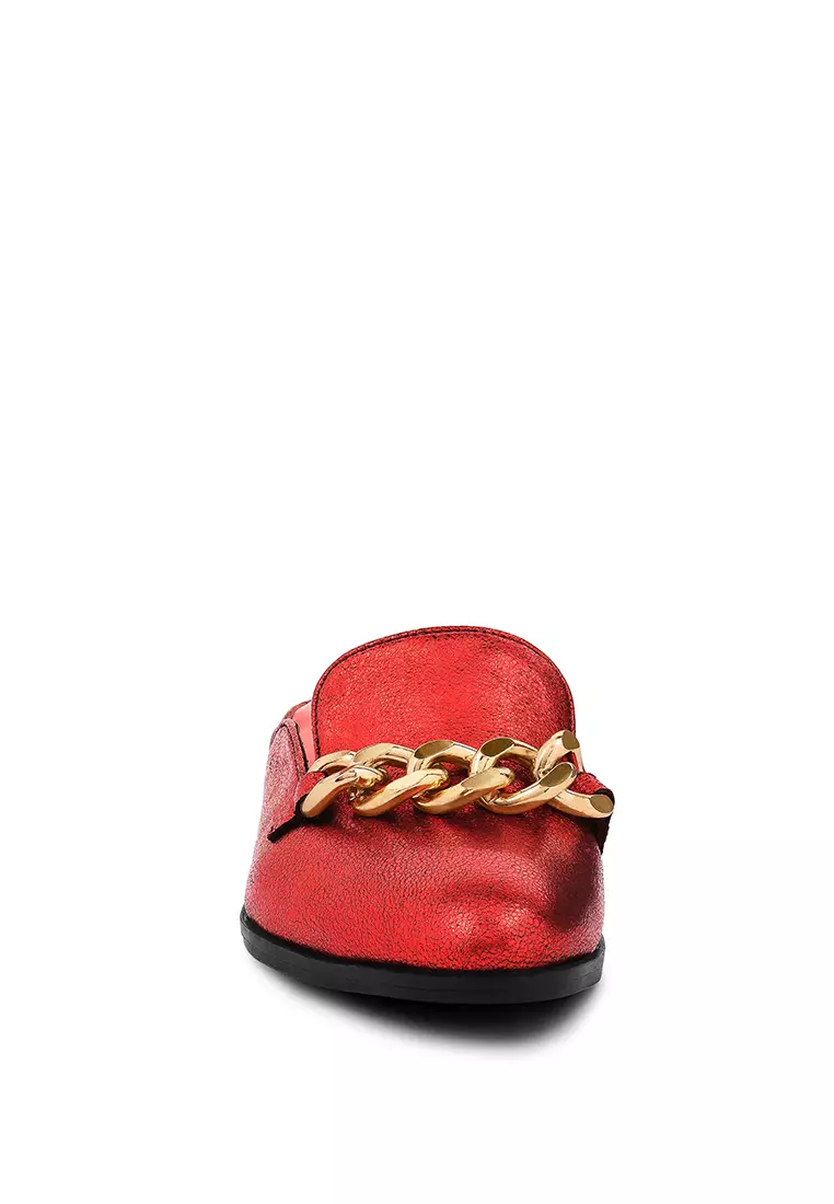 Rag & CO. Metal Chain Red Leather Mules